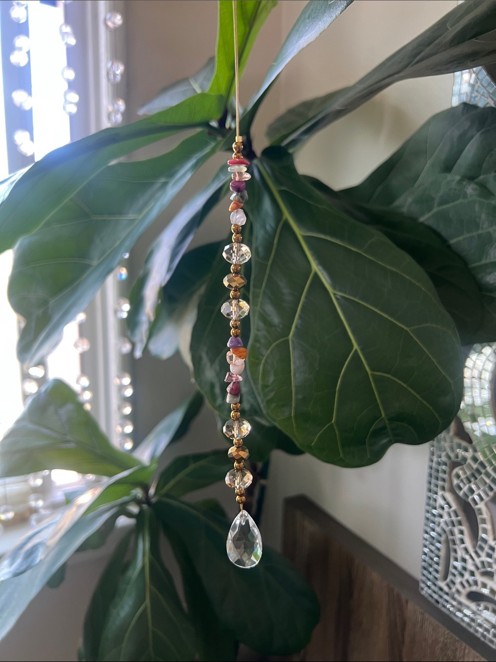 Pink and Gold Crystal Hanging Sun-catcher/ Car Ornament- Beaded Window Charm